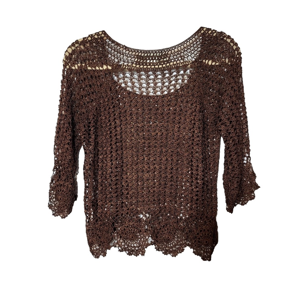 Bette Paige Brown Crocheted Open Knit Raglan Sleeve Top Medium Boho Coquette - Picture 2 of 10